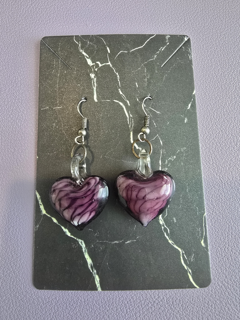 Purple 💜 Swirl Murano Style Heart Glass Drop Earrings - Picture 2 of 4